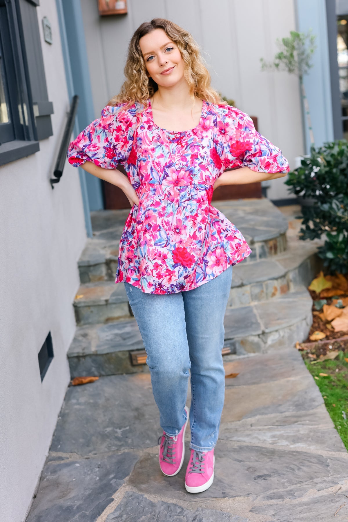 Feeling Femmi Pink & Fuchsia Floral Peplum Woven Top