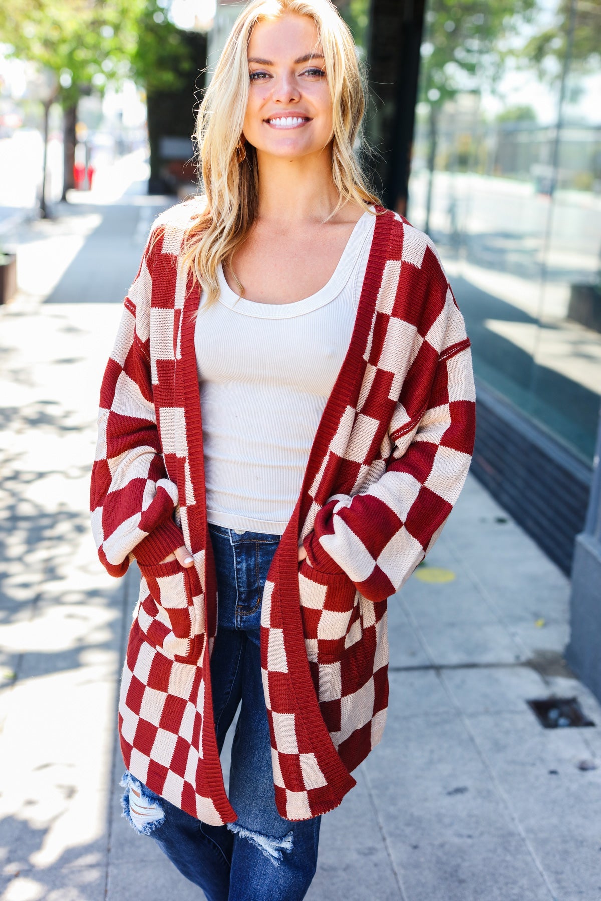 Can't Help But Love Rust Checkered Open Cardigan