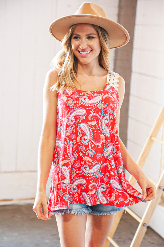 Coral Paisley Scallop Crochet Strap Tank Top