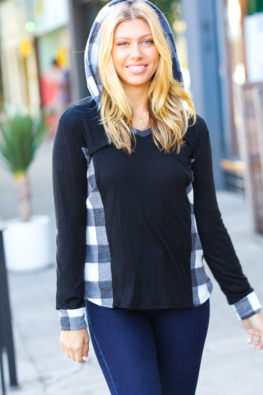 Adorable In Black & Ivory Plaid Hacci Knit Hoodie