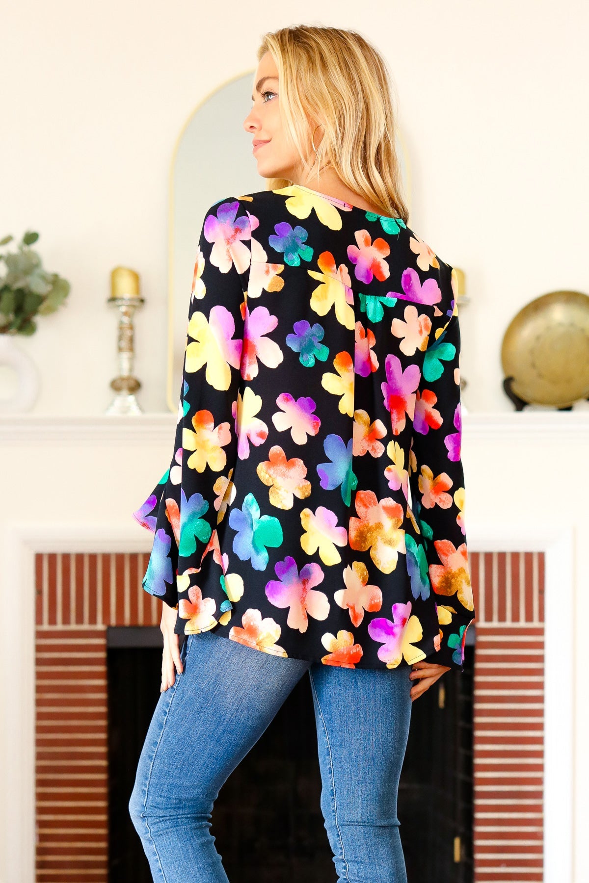 Be Bold Black Floral Hi-Lo Ruffle Sleeve Woven Top