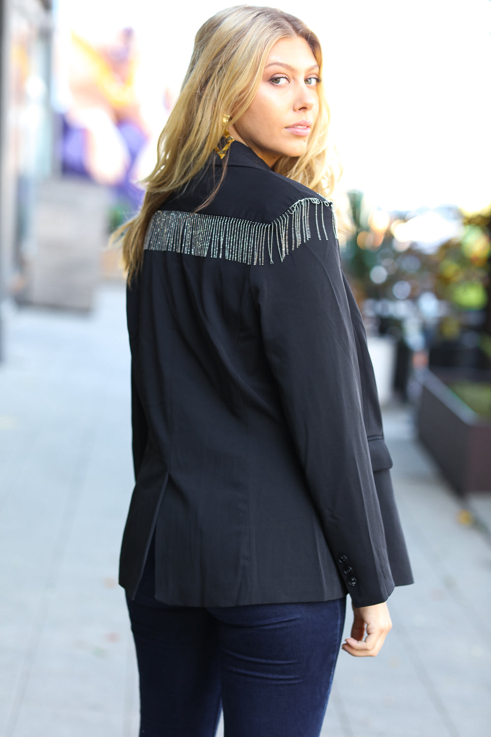 Holiday Ready Black Shoulder Tassel Fringe Blazer