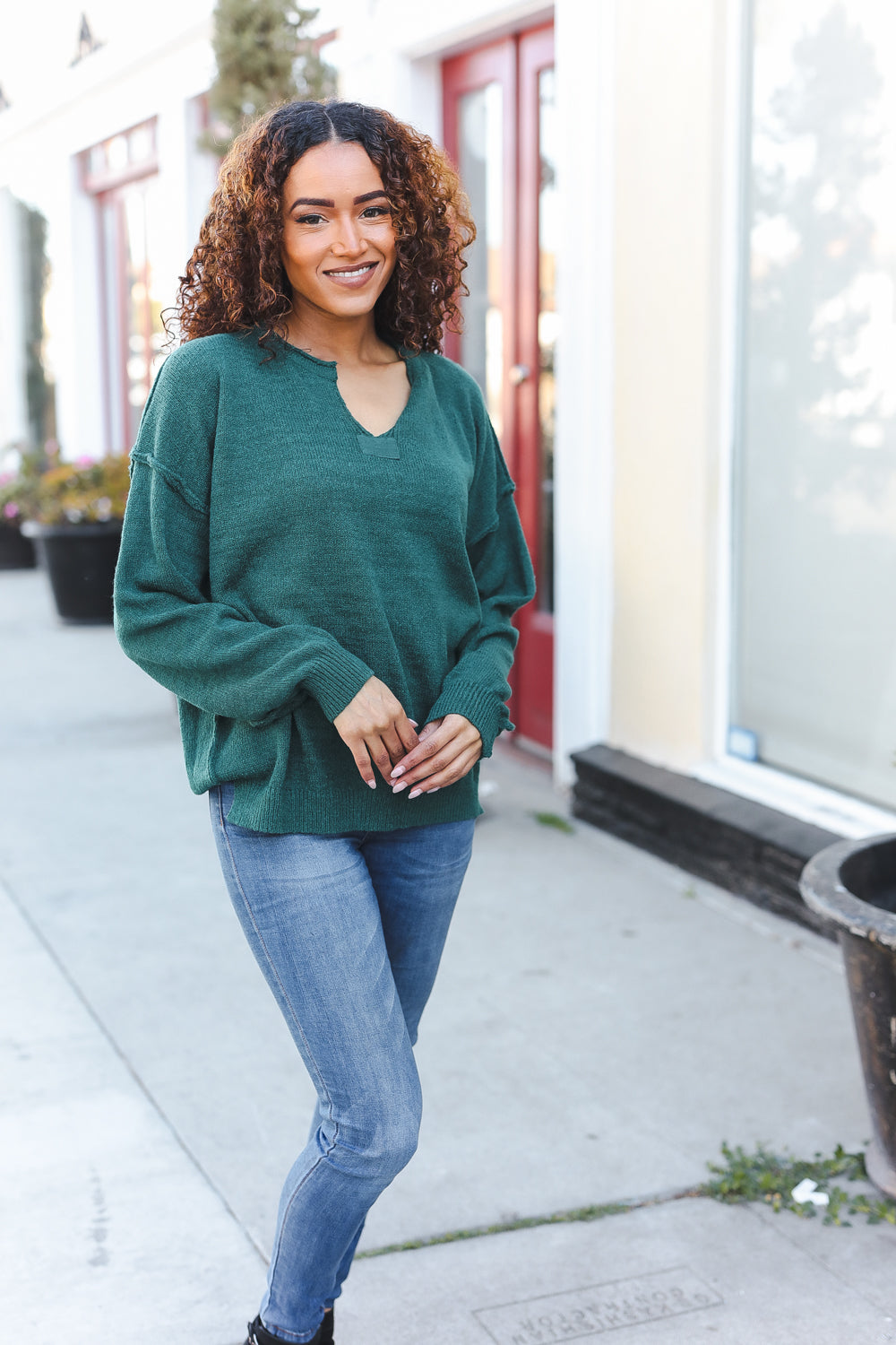 Lock Eyes Hunter Green Notched Neck With Patch Oversized Sweater