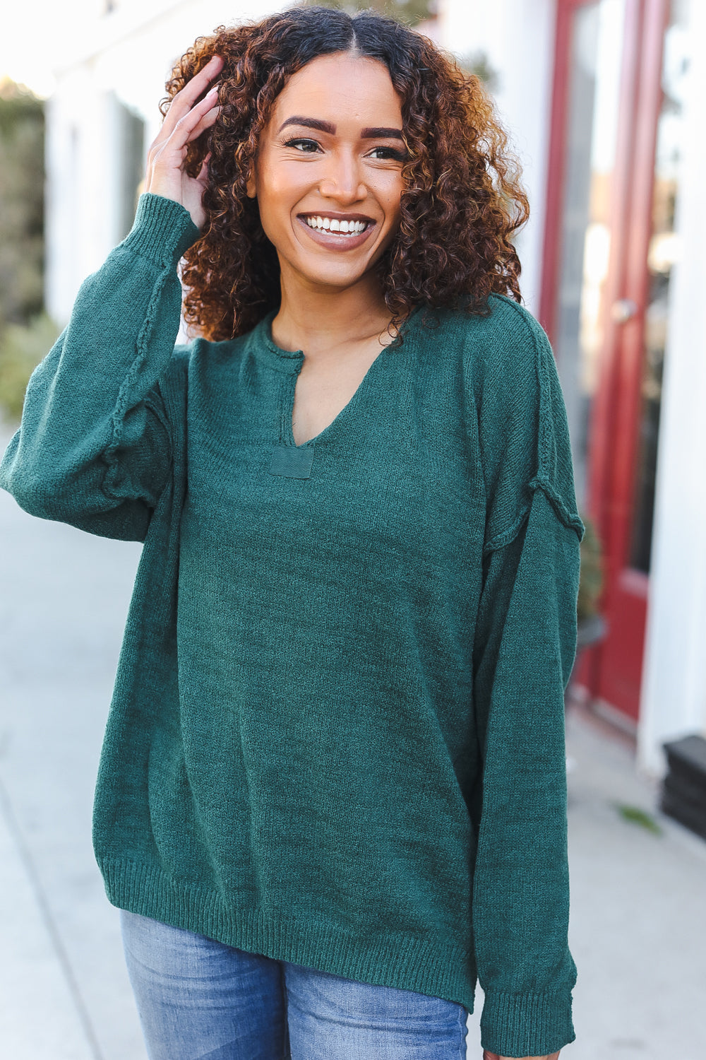 Lock Eyes Hunter Green Notched Neck With Patch Oversized Sweater