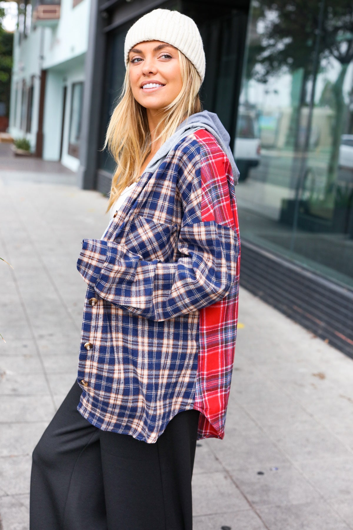 Main Attraction Red & Navy Plaid Color Block Button Down Hoodie