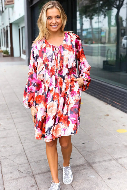 Diva Dreams Coral & Charcoal Floral Tie Neck Pintuck Satin Dress by Haptics
