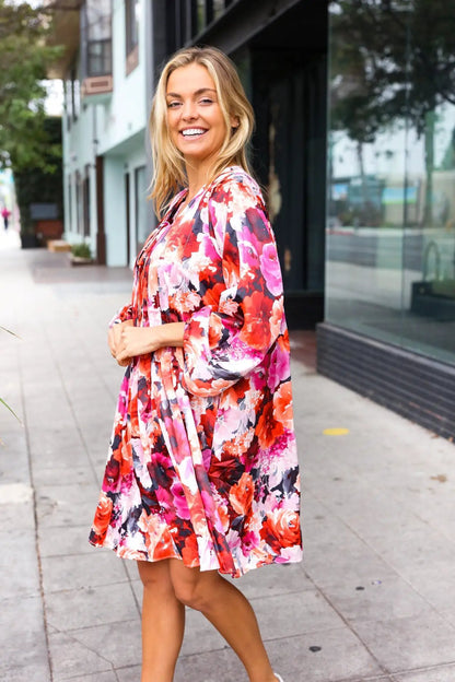 Diva Dreams Coral & Charcoal Floral Tie Neck Pintuck Satin Dress by Haptics