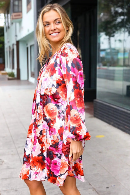 Diva Dreams Coral & Charcoal Floral Tie Neck Pintuck Satin Dress by Haptics