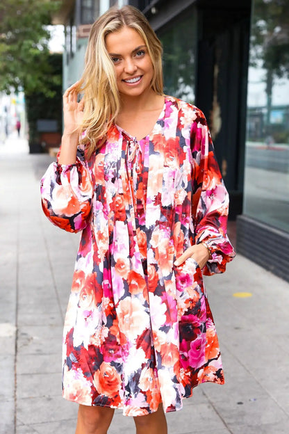 Coral Floral Tie Neck Pintuck Satin Dress With Pockets