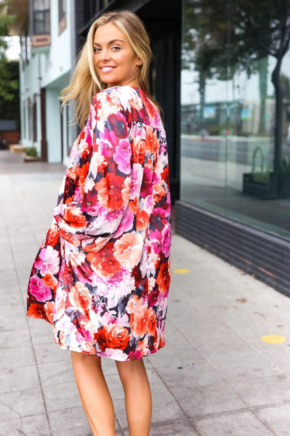 Diva Dreams Coral & Charcoal Floral Tie Neck Pintuck Satin Dress by Haptics