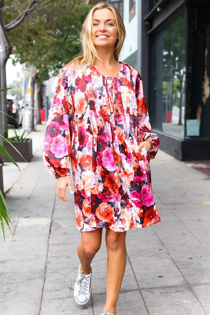 Diva Dreams Coral & Charcoal Floral Tie Neck Pintuck Satin Dress by Haptics
