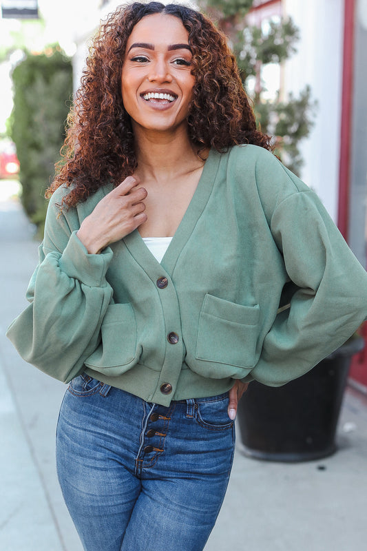 Weekend Ready Green Boyfriend Button Down Cropped Jacket