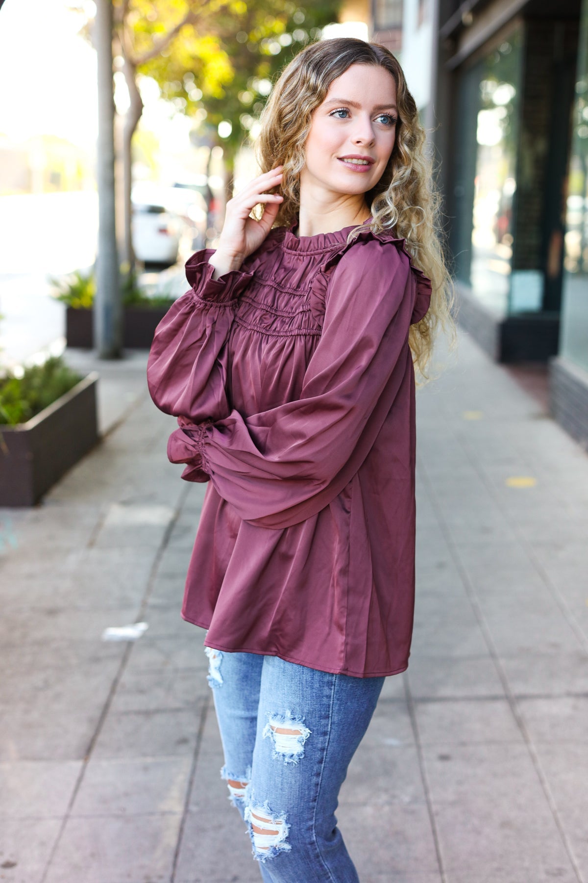 Be Your Best Wine Satin Shirred Yoke Frilled Mock Neck Top