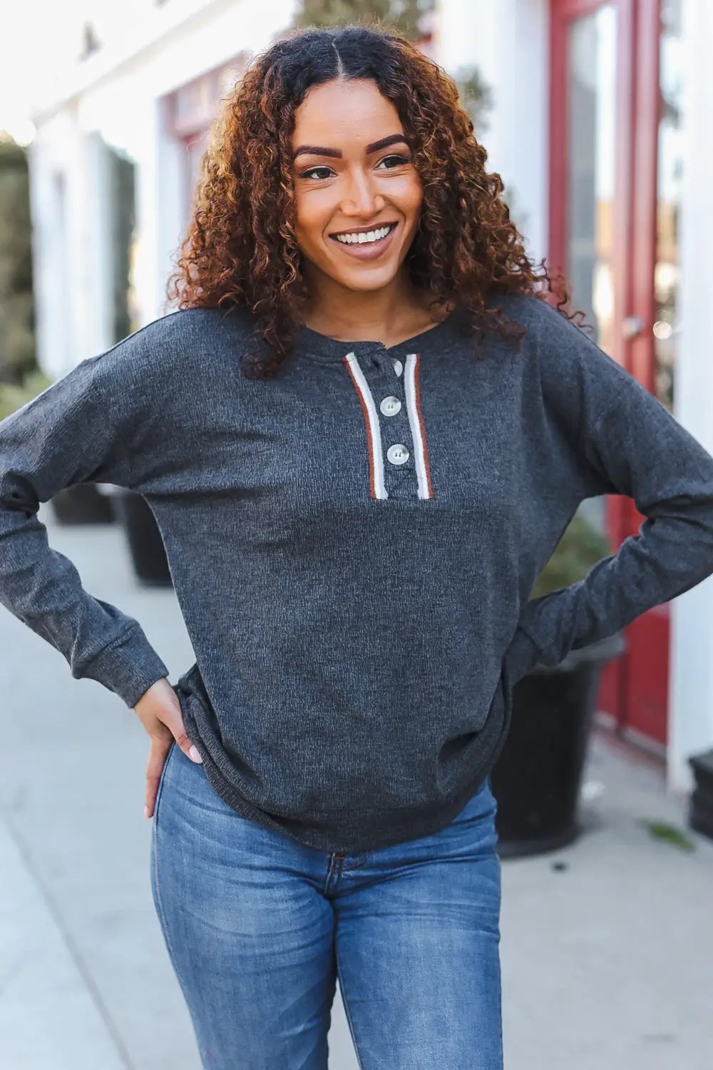 Casual Days Grey Ribbed Knit Button Down Henley Pullover by Hem & Thread