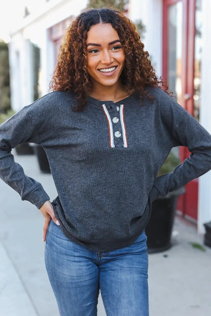 Casual Days Grey Ribbed Knit Button Down Henley Pullover by Hem & Thread