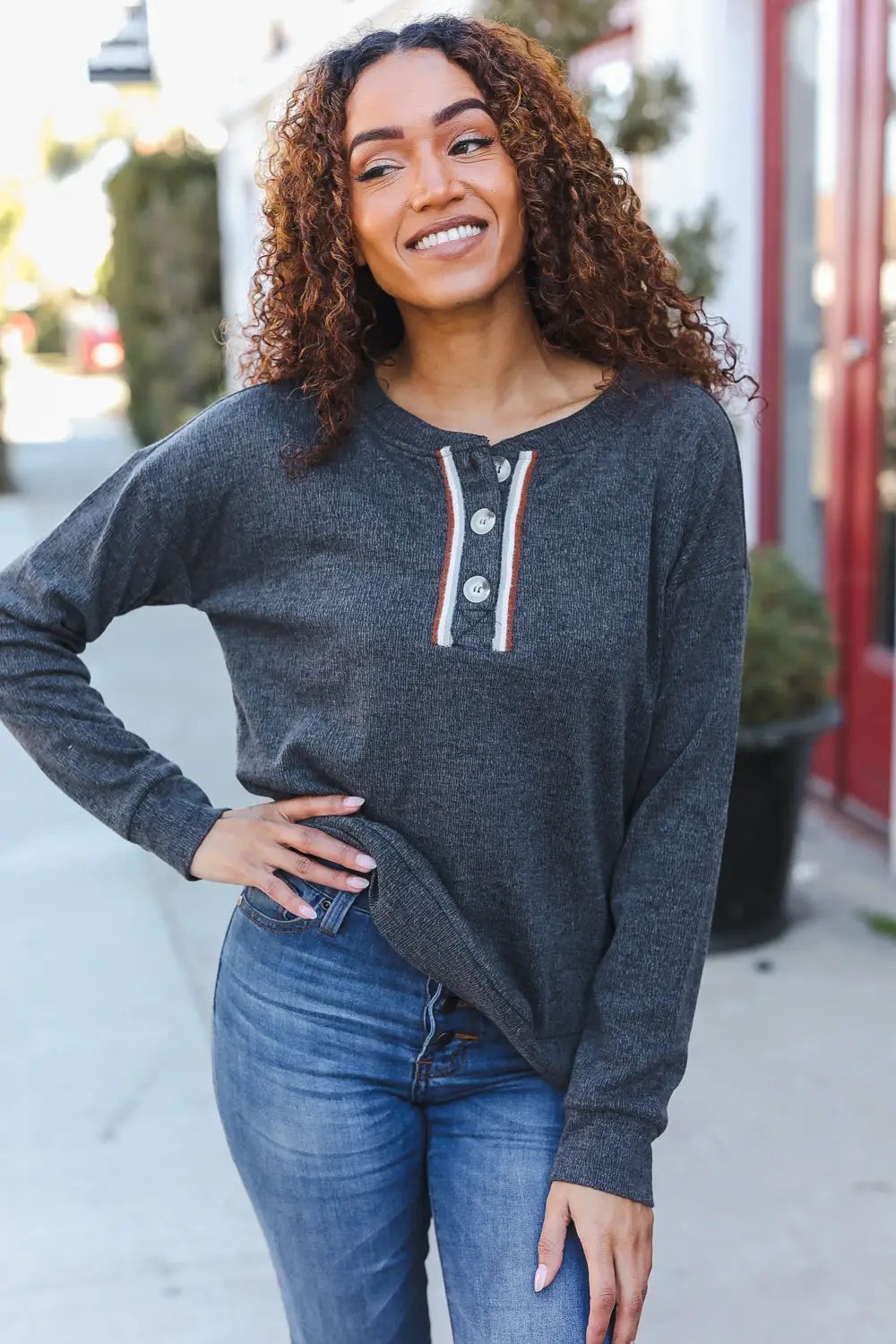 Casual Days Grey Ribbed Knit Button Down Henley Pullover by Hem & Thread