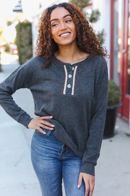 Casual Days Grey Ribbed Knit Button Down Henley Pullover by Hem & Thread