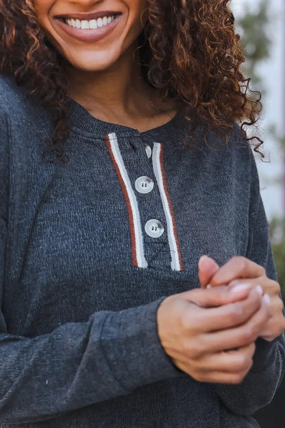 Casual Days Grey Ribbed Knit Button Down Henley Pullover by Hem & Thread