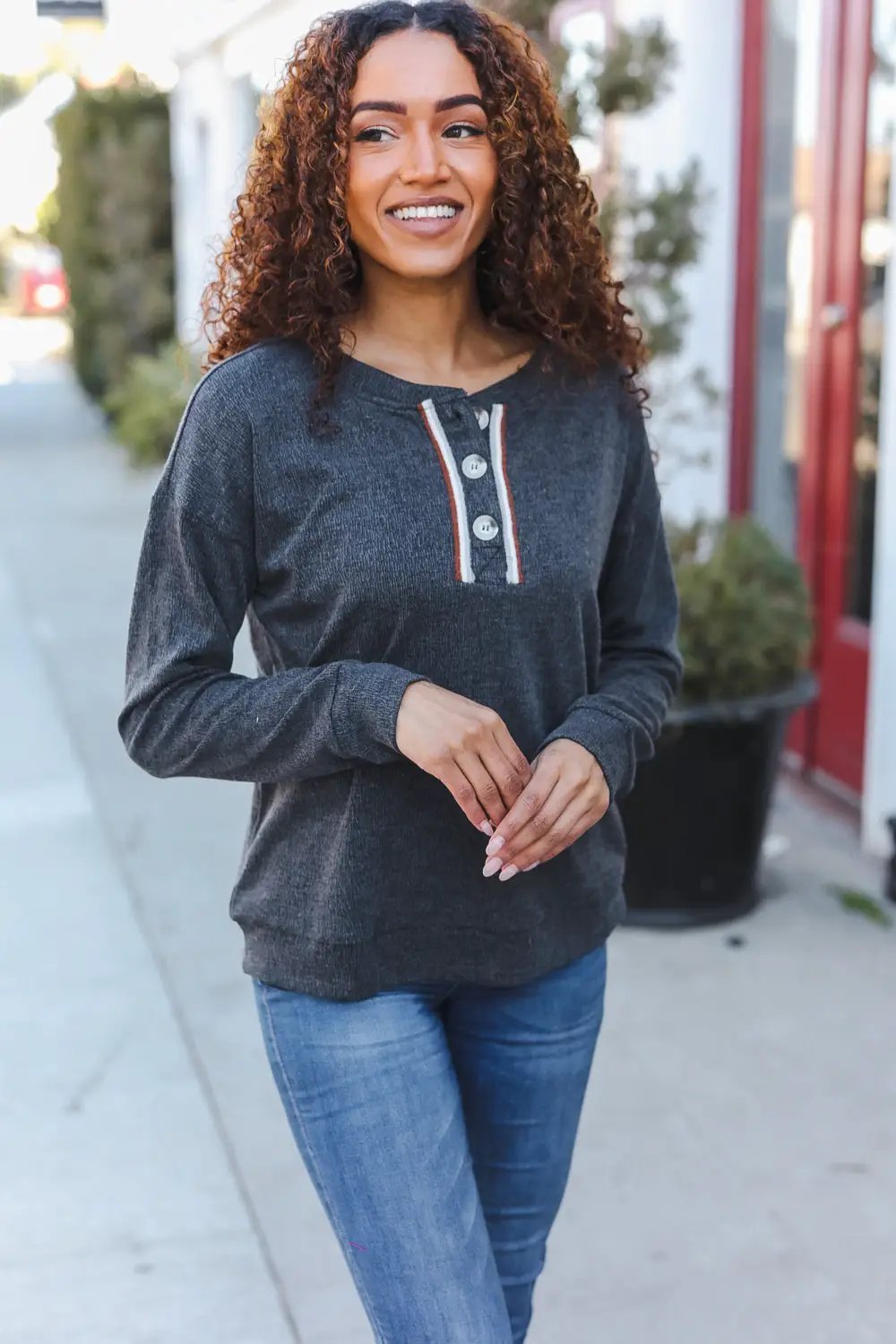 Casual Days Grey Ribbed Knit Button Down Henley Pullover by Hem & Thread