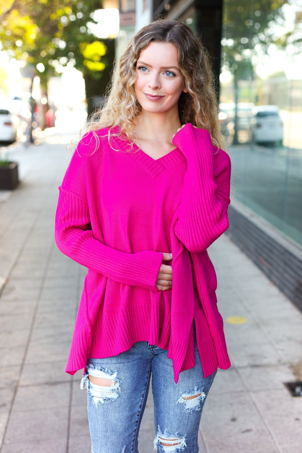 Be Bold Magenta Oversized V Neck Rib Knit Sweater