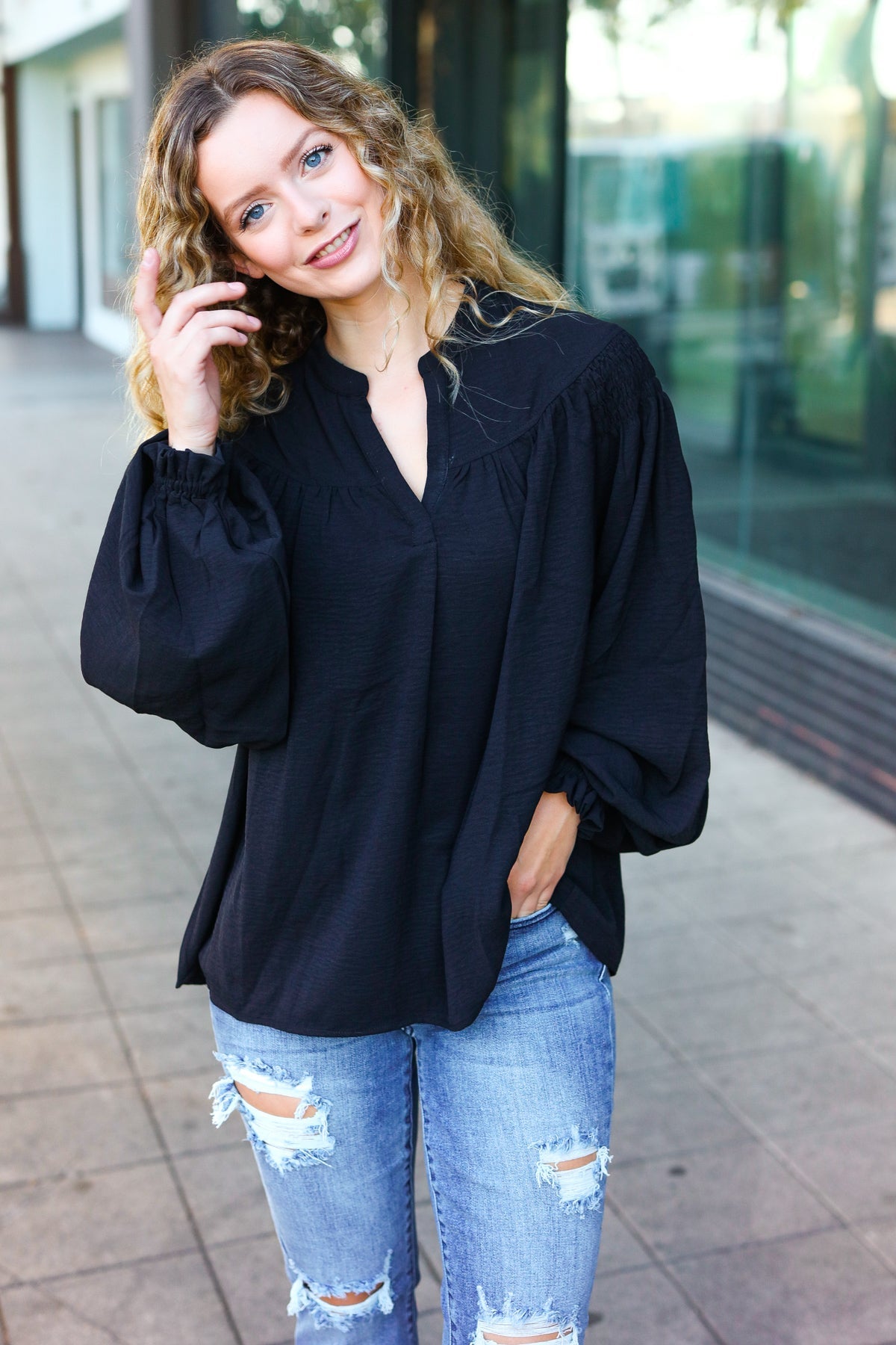 Boho Vibes Black Notched Neck Smocked Bubble Sleeve Top