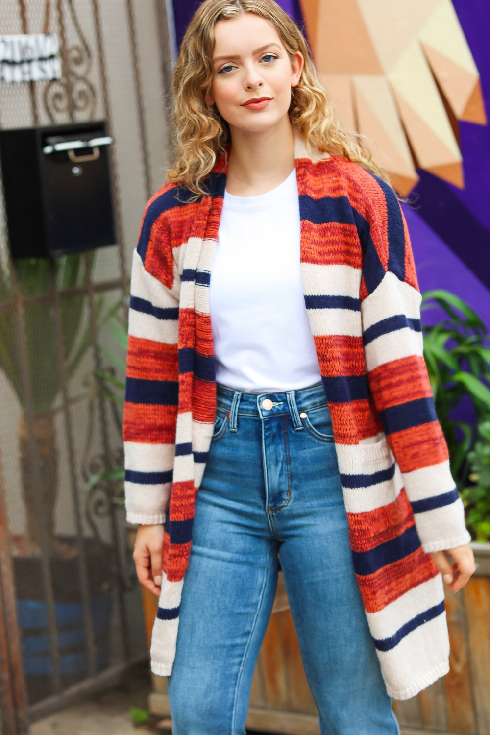 Put Together Rust & Navy Striped Pocketed Cardigan