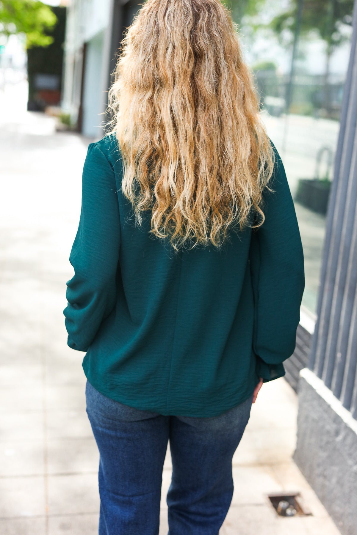 Hello Beautiful Hunter Green Smocked Bubble Sleeve Woven Top