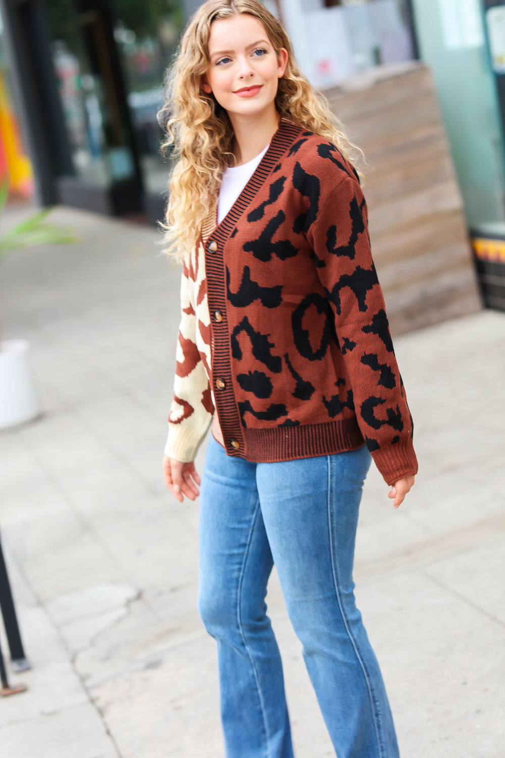 Taupe & Sepia Leopard Print Color Block Cardigan