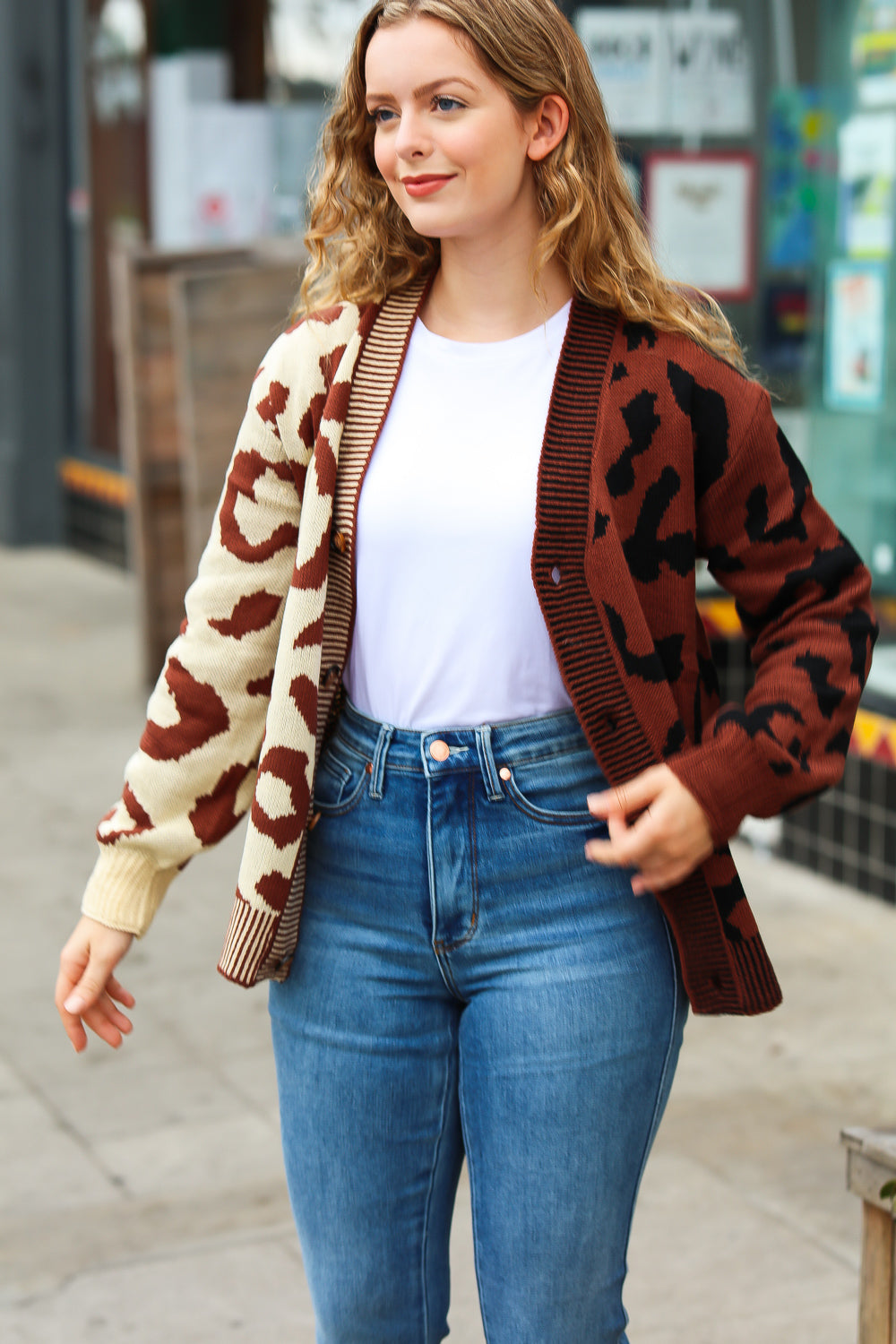 Taupe & Sepia Leopard Print Color Block Cardigan