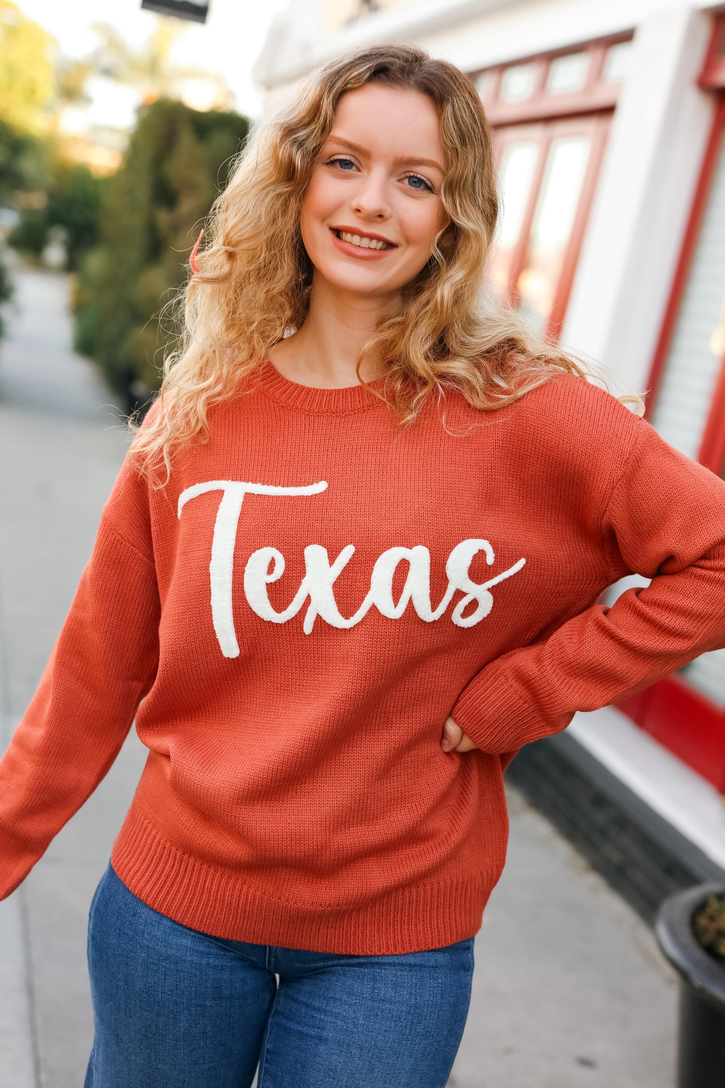 Game Day Burnt Orange "Texas" Embroidery Pop Up Sweater