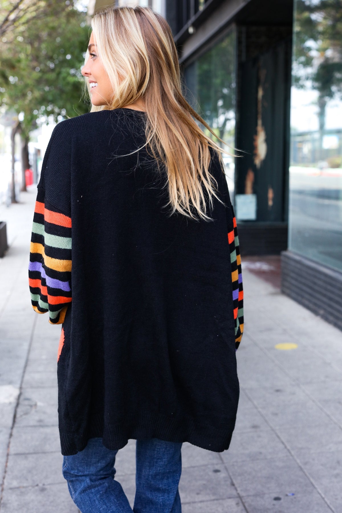 Pumpkin Multicolor Stripe Jacquard Knit Open Cardigan