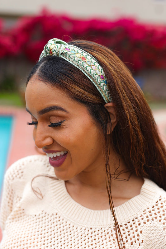 Sage Green Sequin & Multicolor Glitter Boho Top Knot Headband