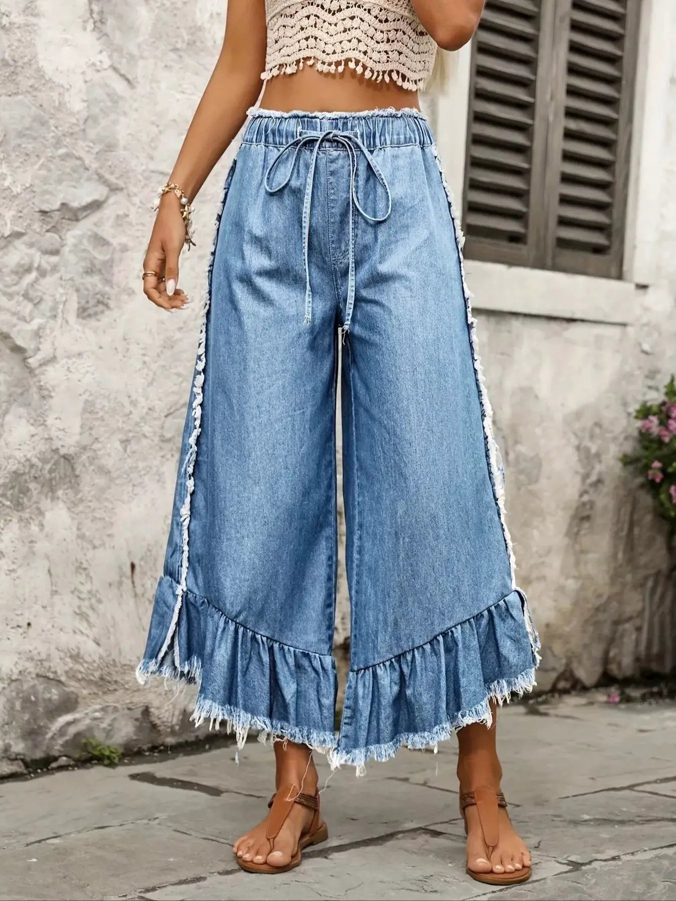 Drawstring Wide-Leg Ruffle Hem Jeans by Trendsi