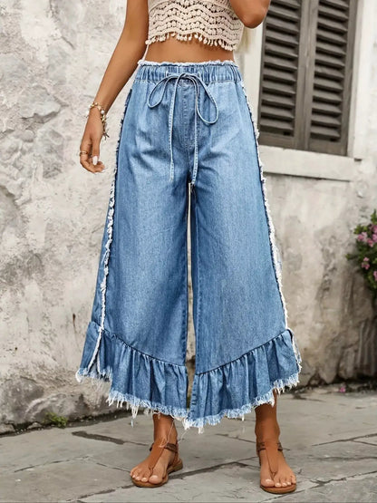 Drawstring Wide-Leg Ruffle Hem Jeans by Trendsi