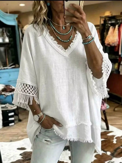 Full Size Fringe Trim V-Neck Loose Fit Blouse Plus Size by Trendsi