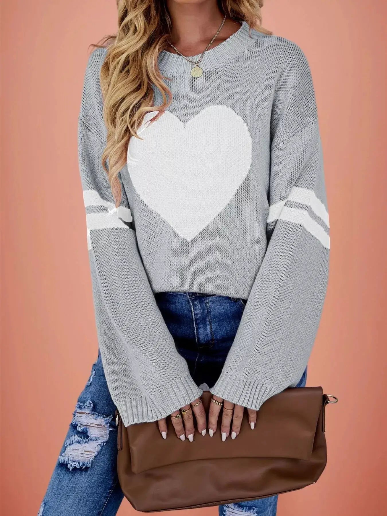Heart Pattern Dropped Shoulder Sweater by Trendsi