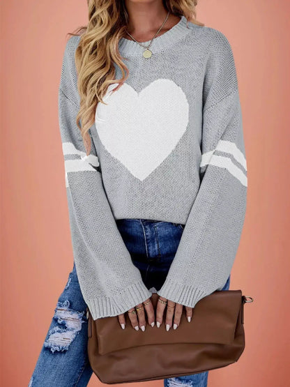 Heart Pattern Dropped Shoulder Sweater by Trendsi