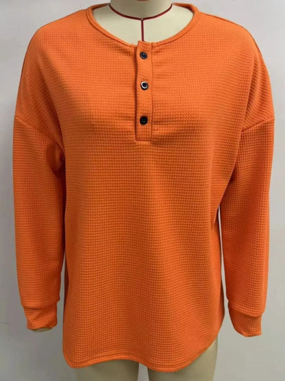 Full Size Waffle Knit Button Detail Top Plus Size by Trendsi