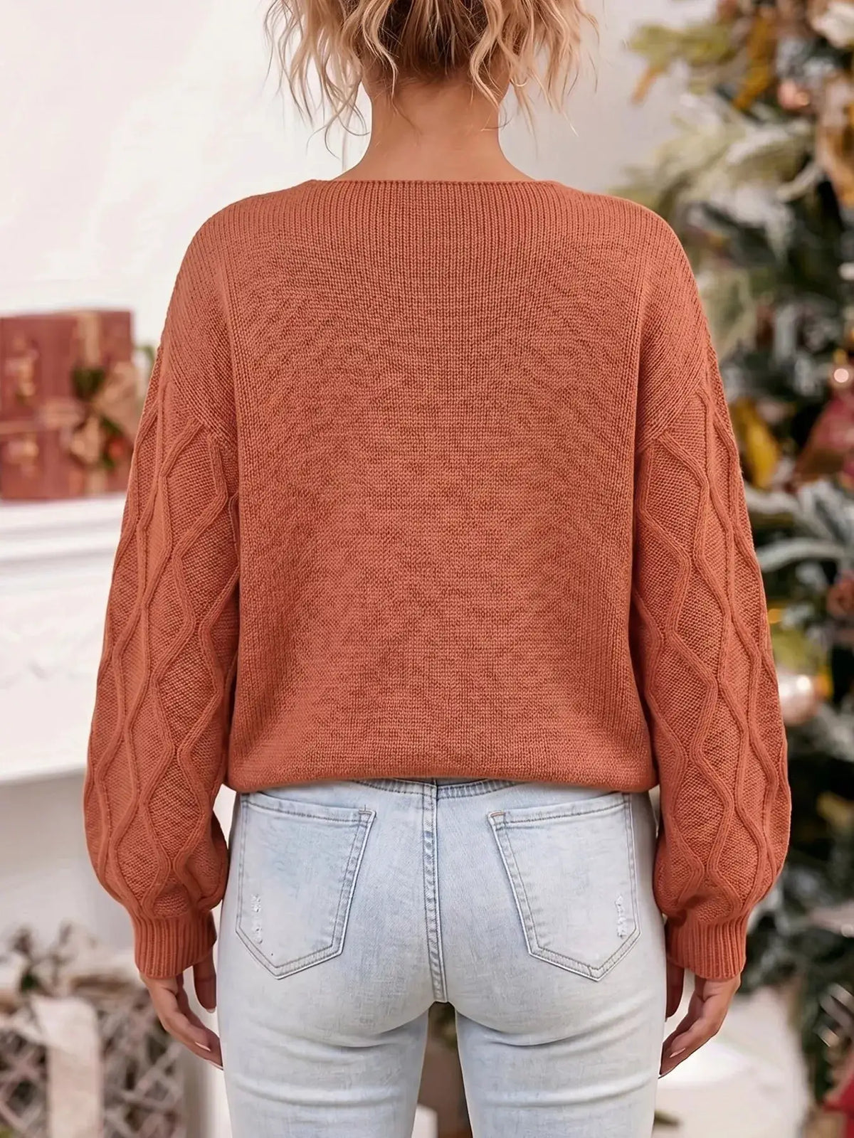 Snowflake Textured V-Neck Sweater by Trendsi