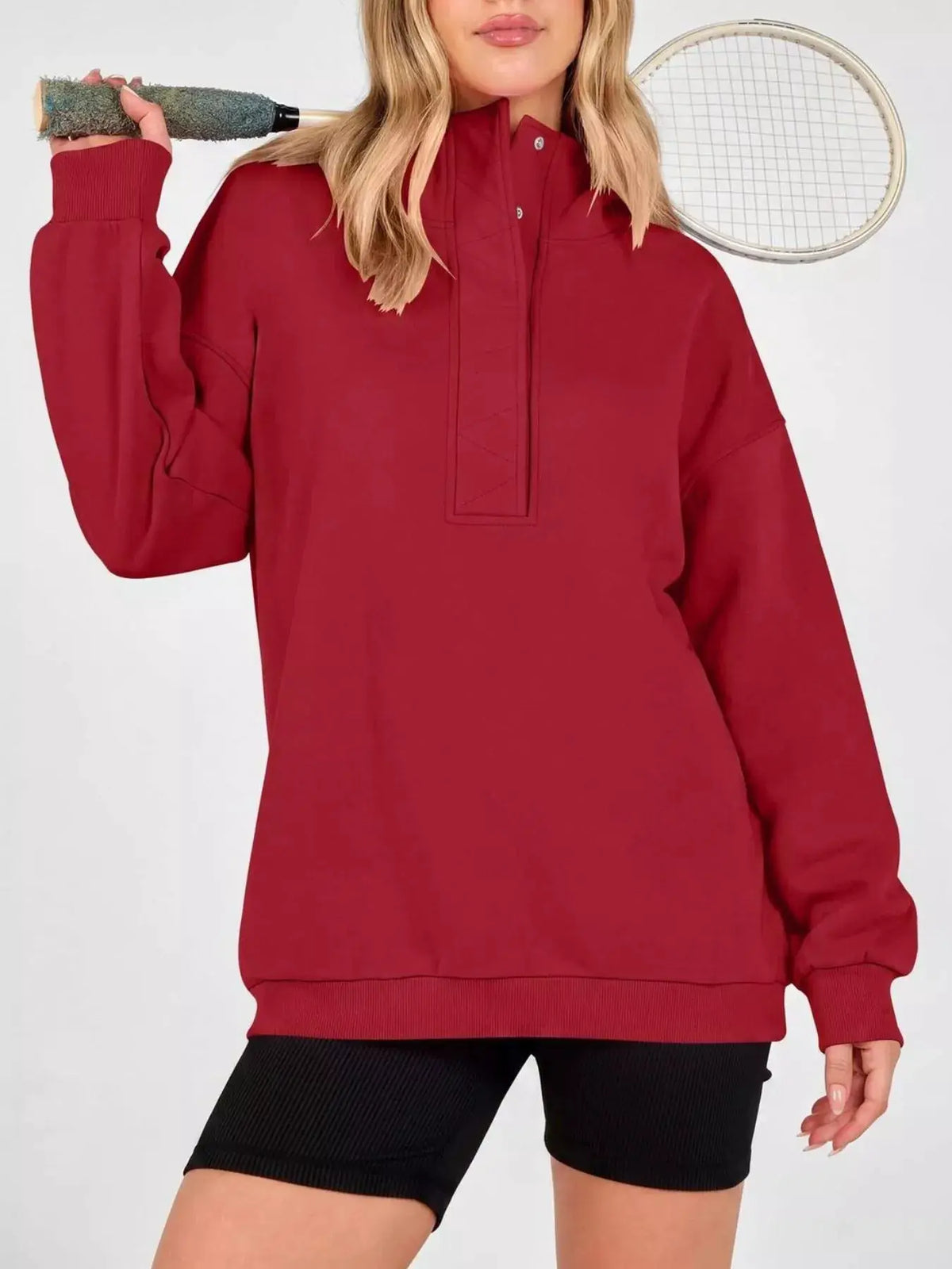 Half Snap Dropped Shoulder Hoodie by Trendsi