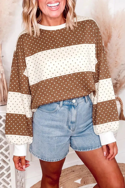 Polka Dot Color Block Long Sleeve Top by Trendsi