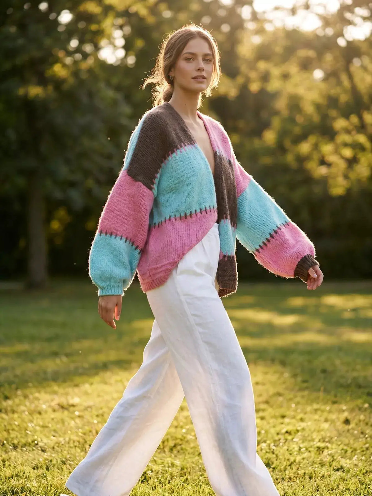 Color-Block V-Neck Cardigan by Trendsi