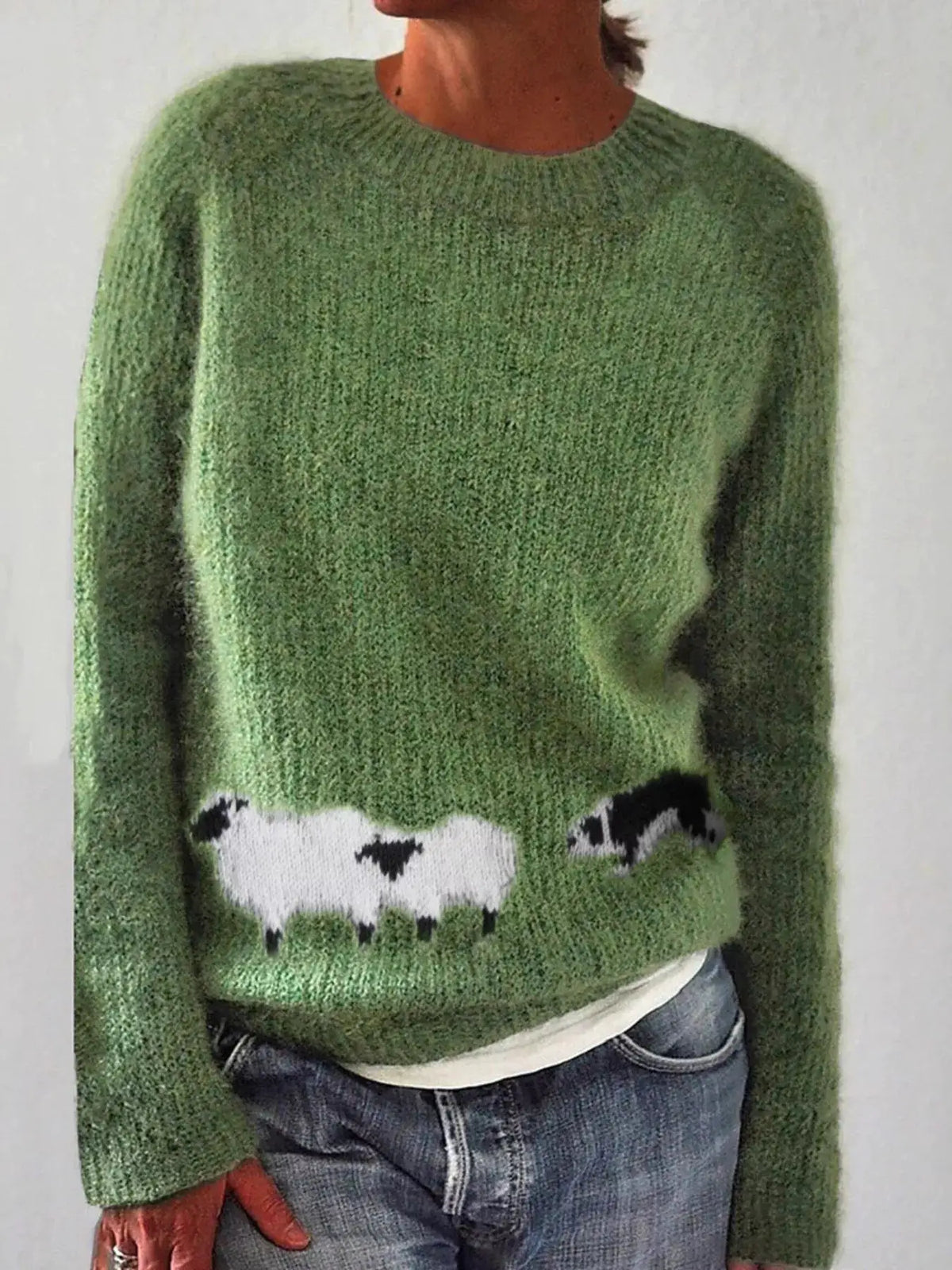 Full Size Sheep Pattern Round Neck Sweater Plus Size by Trendsi