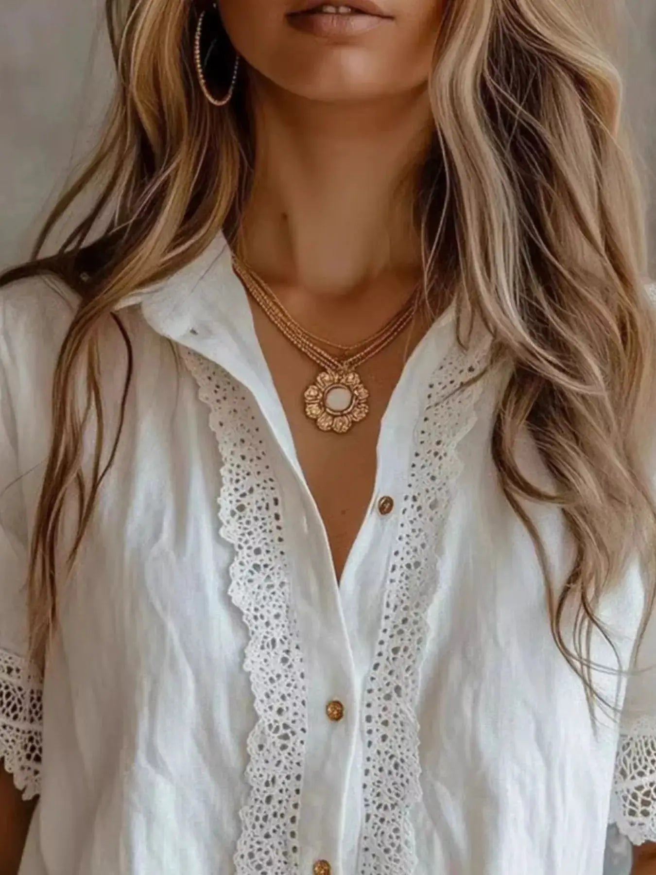 Lace-Trimmed Short Sleeve Button-Down Shirt by Trendsi