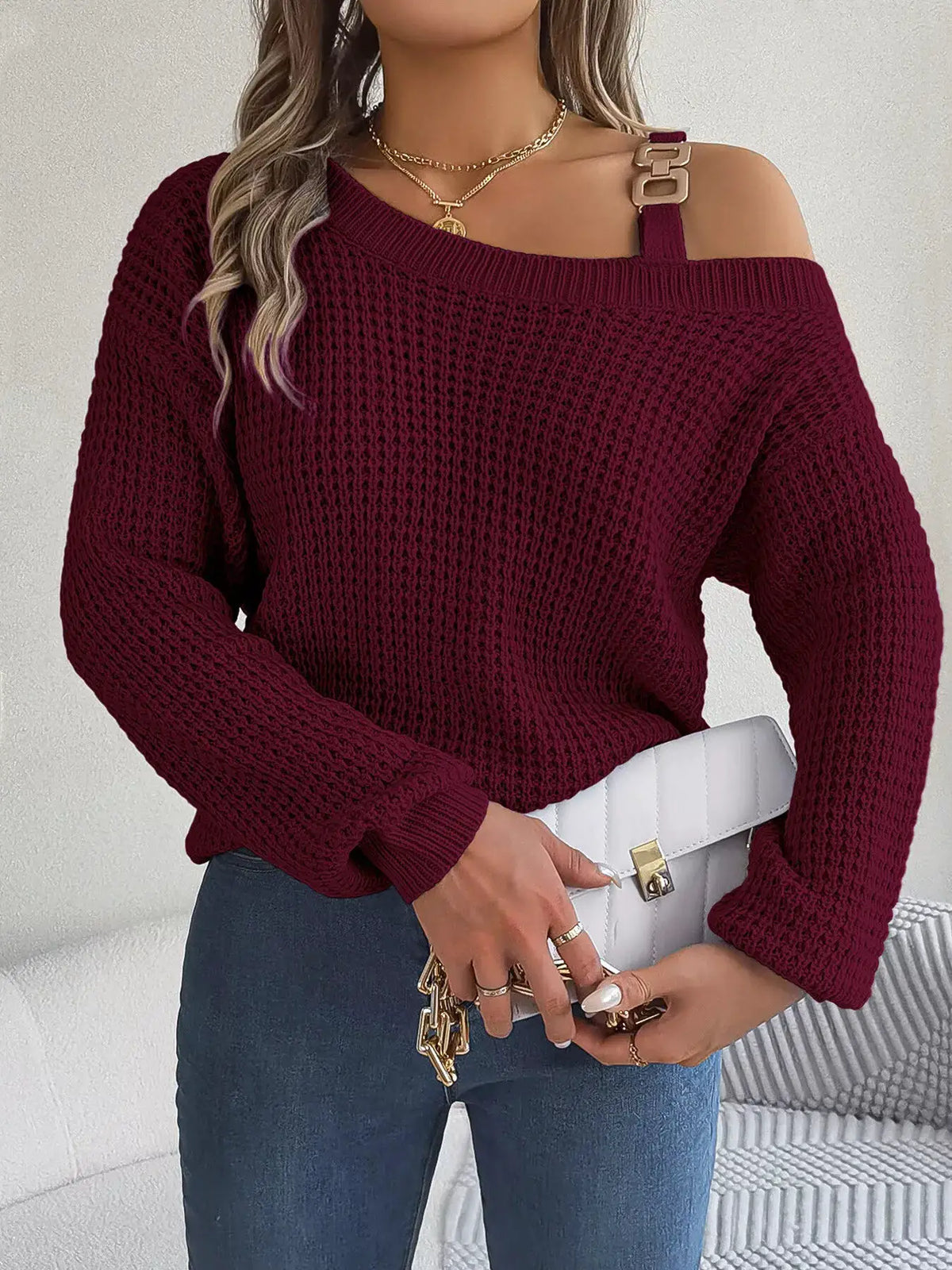 Asymmetrical Neck Long Sleeve Sweater by Trendsi