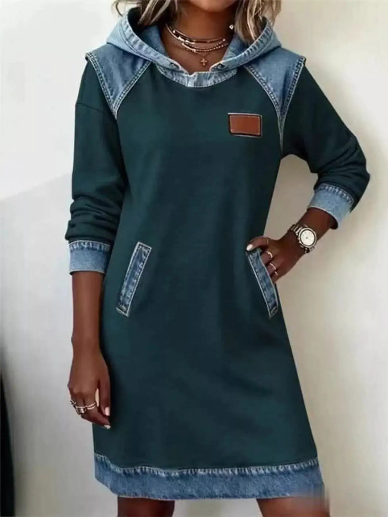 Full Size Denim Patchwork Hooded Sweatshirt Dress Plus Size by Trendsi