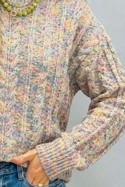 Multicolor Cable Knit Dropped Shoulder Sweater by Trendsi