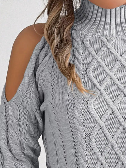 Cold-Shoulder Cable Knit Sweater by Trendsi