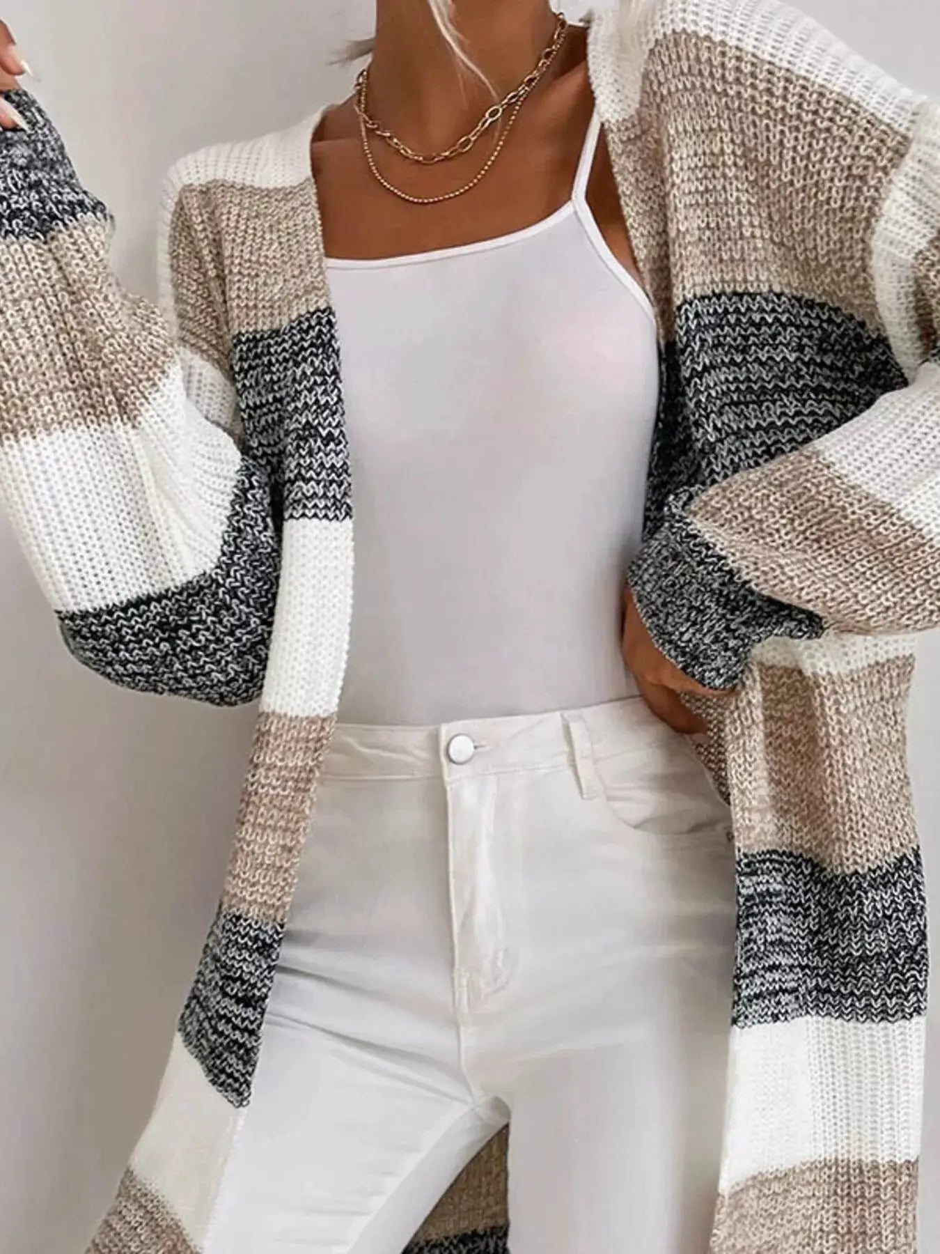Color Block Striped Open Front Longline Cardigan by Trendsi