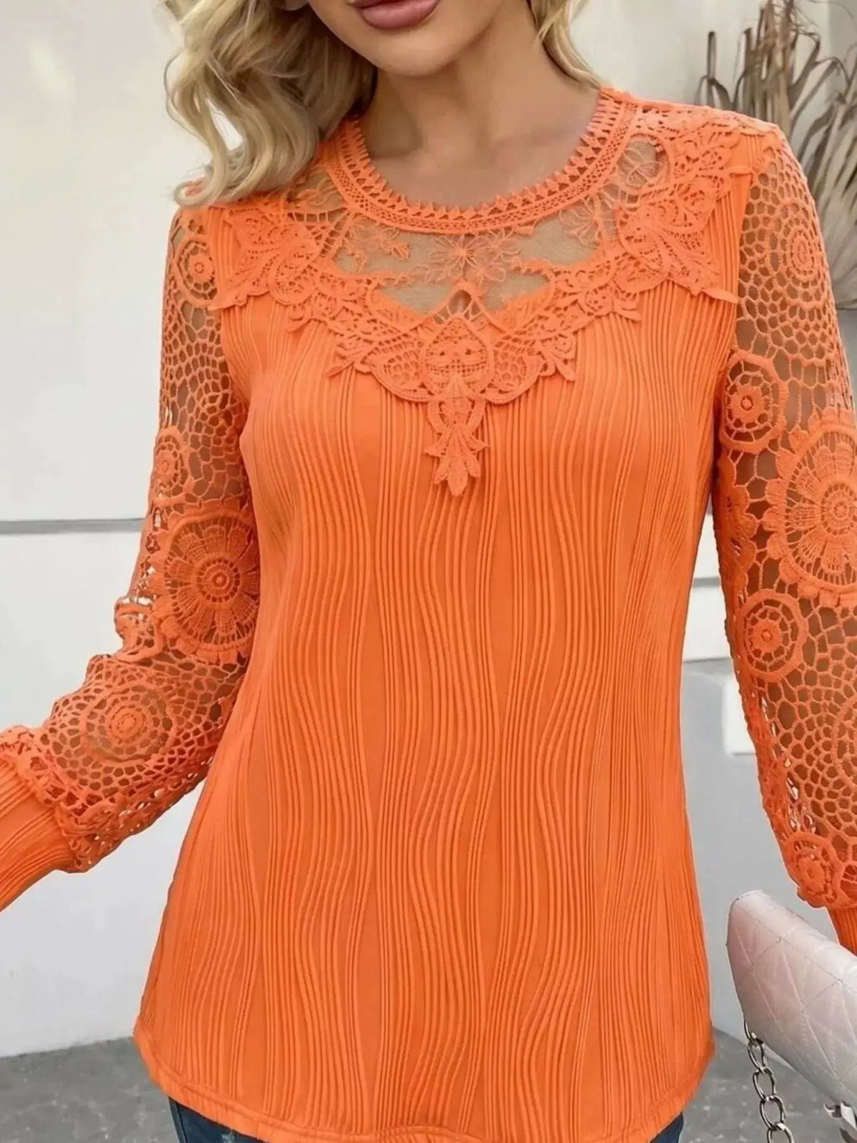Lace Patchwork Long Sleeve Blouse by Trendsi